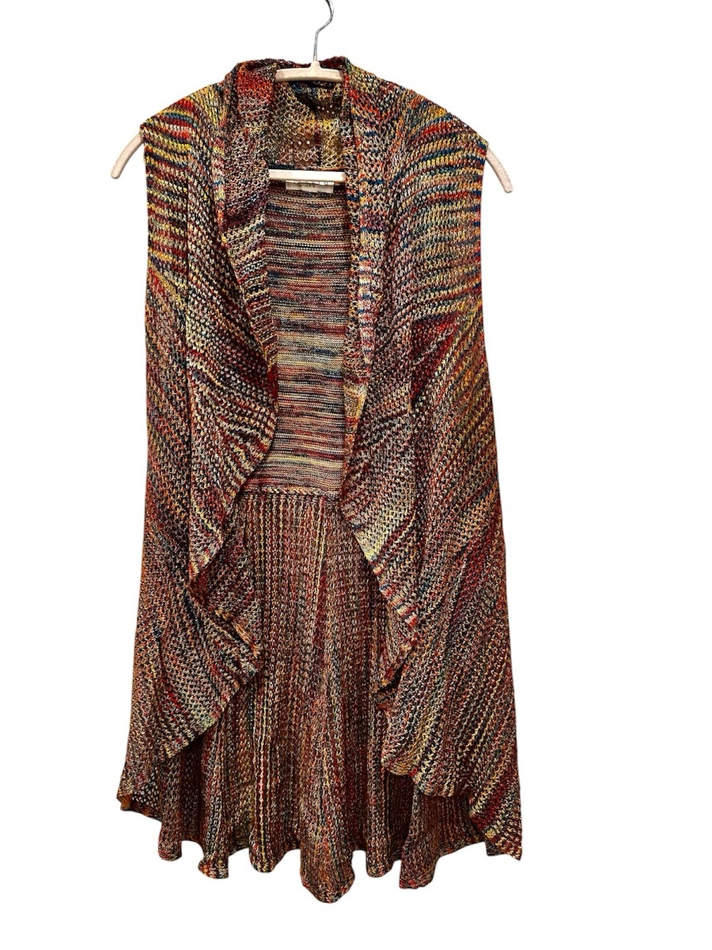 Multicolor Open Front Long Knit Sweater Vest Ruffles Boho Fairycore Sz L